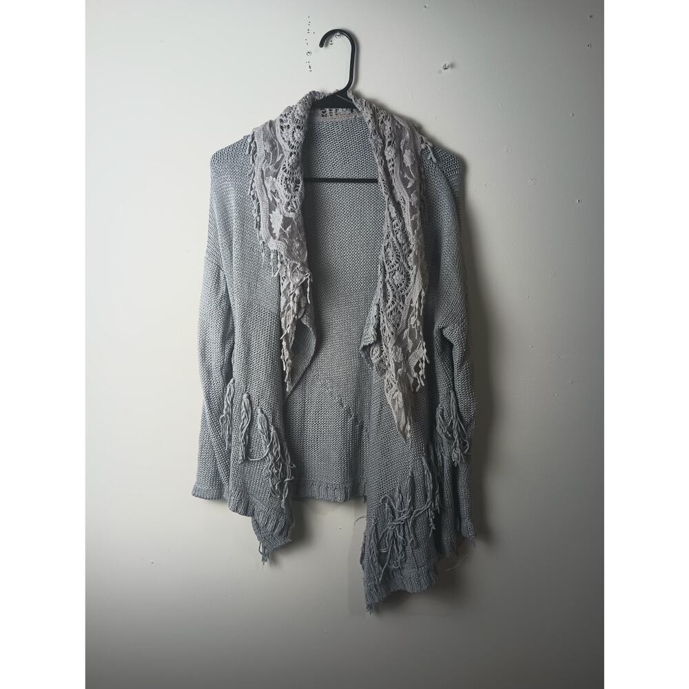 Women's Gray Knit Sweater Cardigan‎ Fringe Open Knit Long sleeve Boho Medium